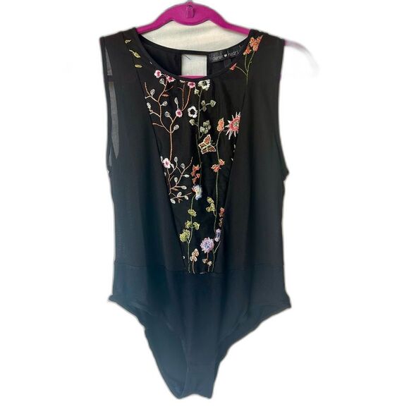 Vintage Tops - Vintage Floral Black Embroidered Black Sleeveless Bodysuit